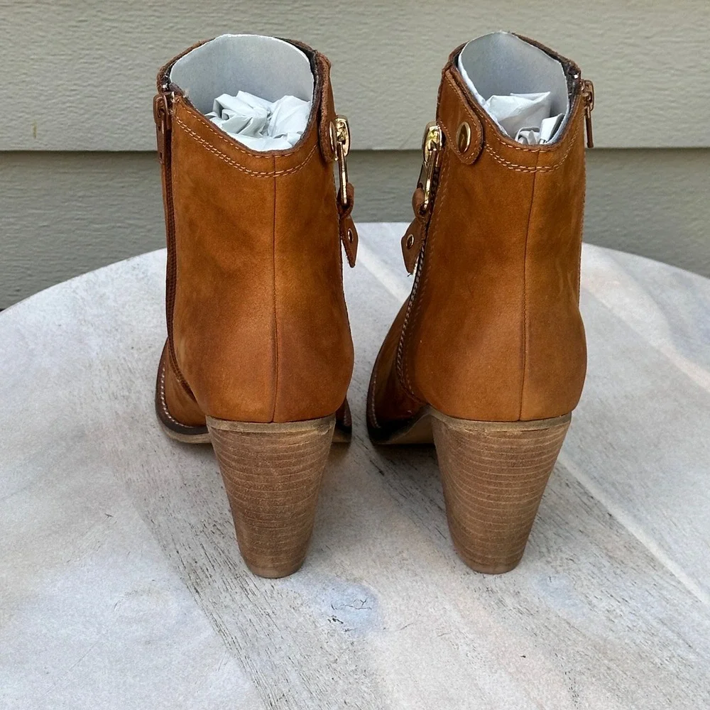 Aldo Olenalla Cognac Brown Leather Ankle Boots Block Heel Gold Zip Women 8.5 39 - Picture 10 of 14